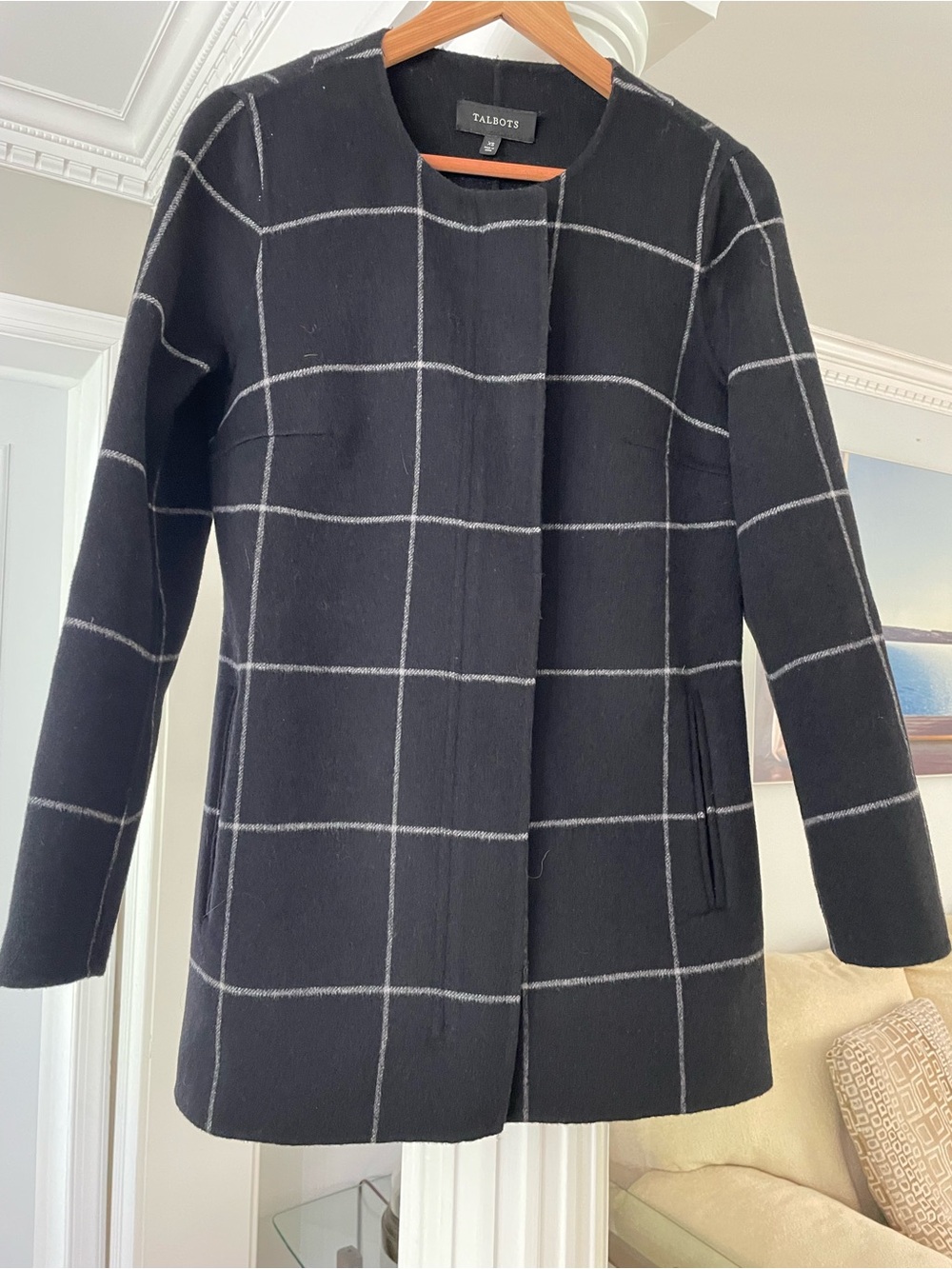 Talbots Black Windowpane Collarless Wool Coat/topper size xS . Women’s